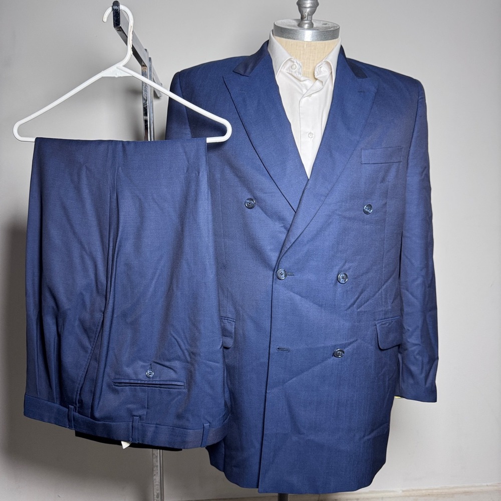Jack Victor Suit Mens 46L W40 Navy Blue Solid Double Breasted Peak Lapel Wool